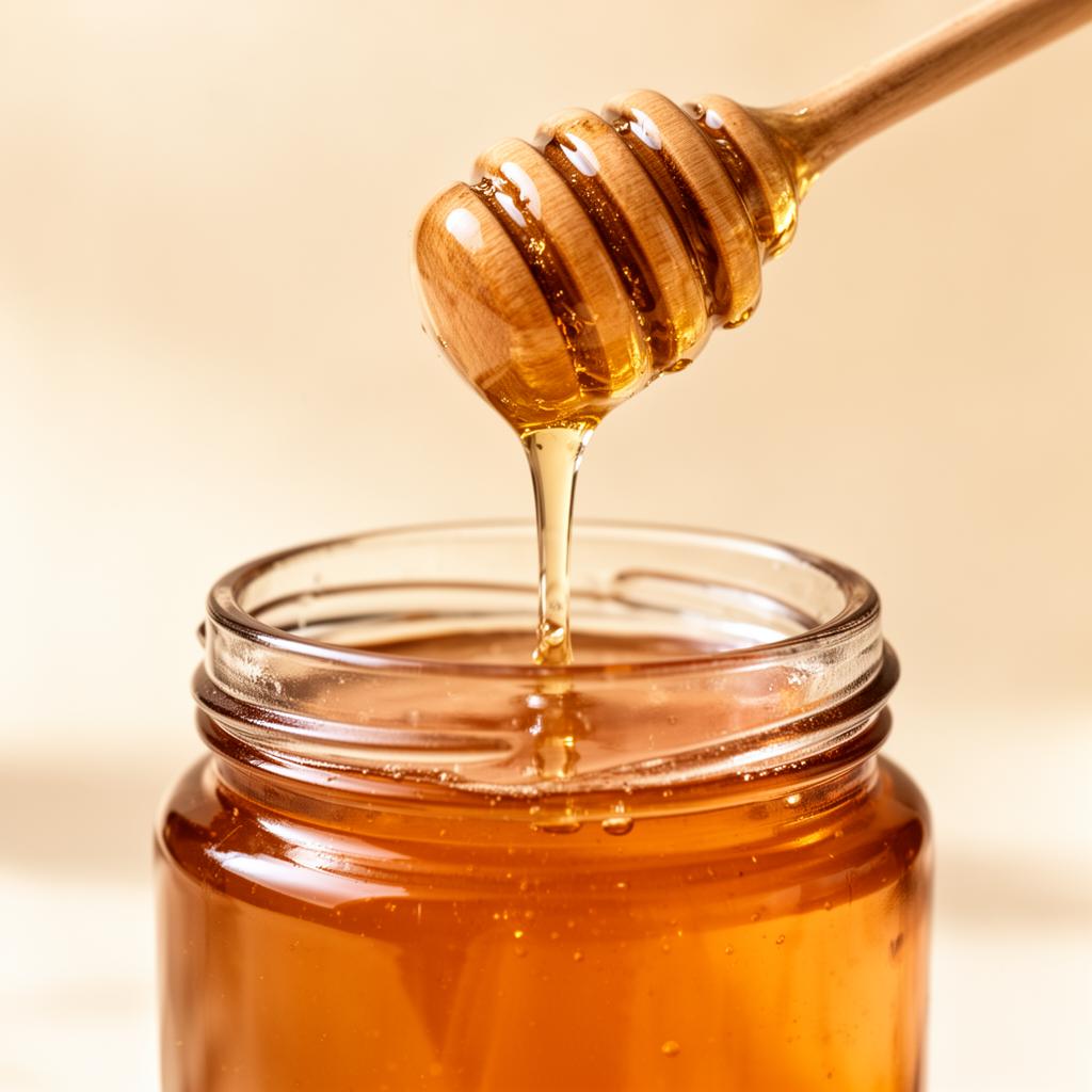 Golden honey drizzling from a wooden dipper into an amber glass jar