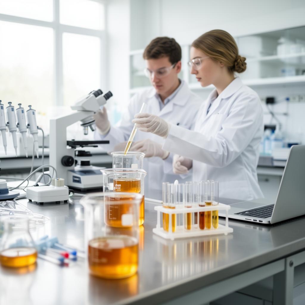 Lab scientists analysing honey samples in beakers and test tubes